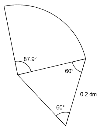 På figuren ser du en likesidet trekant med lengde 0,2 cm. Festet til den ene siden er en sirkelsektor på 87.9 grader (radien er lik siden i trekanten).